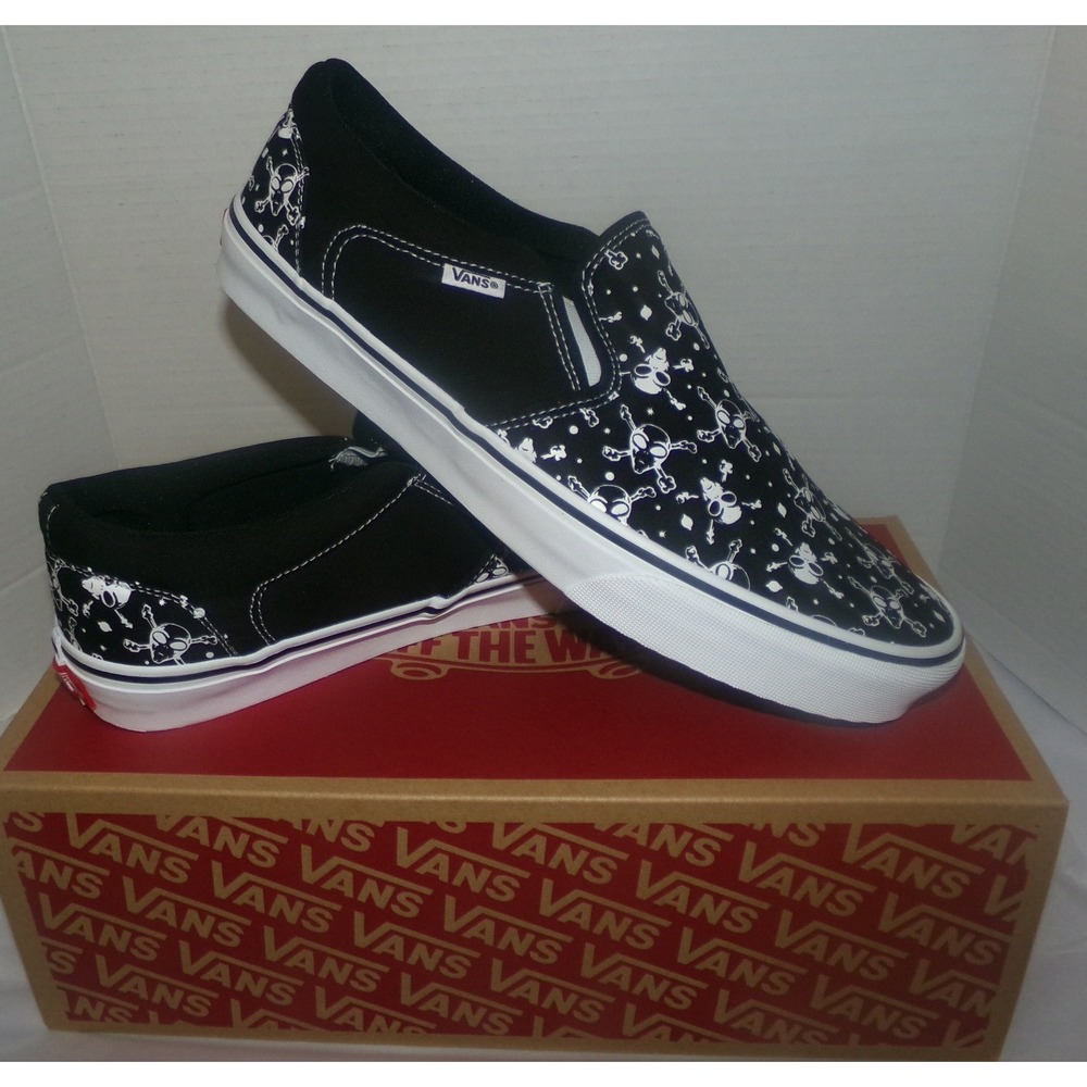 Vans Asher Alien Skull Mens Black White Slip On Skate Shoes SZ 12 VN0A38DIT5D